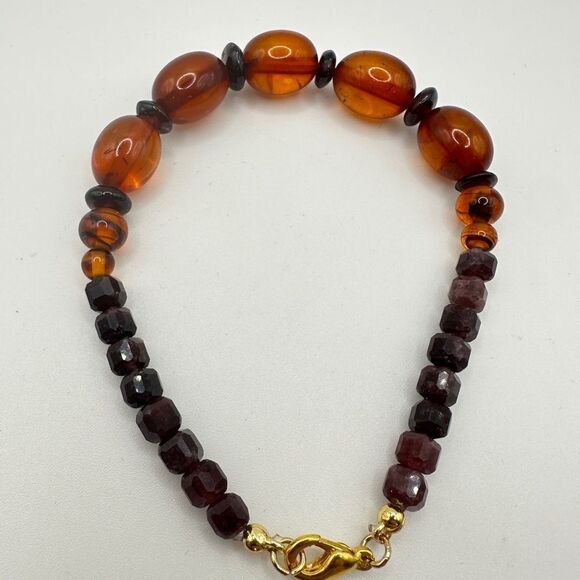 AMAZING Amber and garnet beaded stretchy bracelet! - Picture 1 of 11